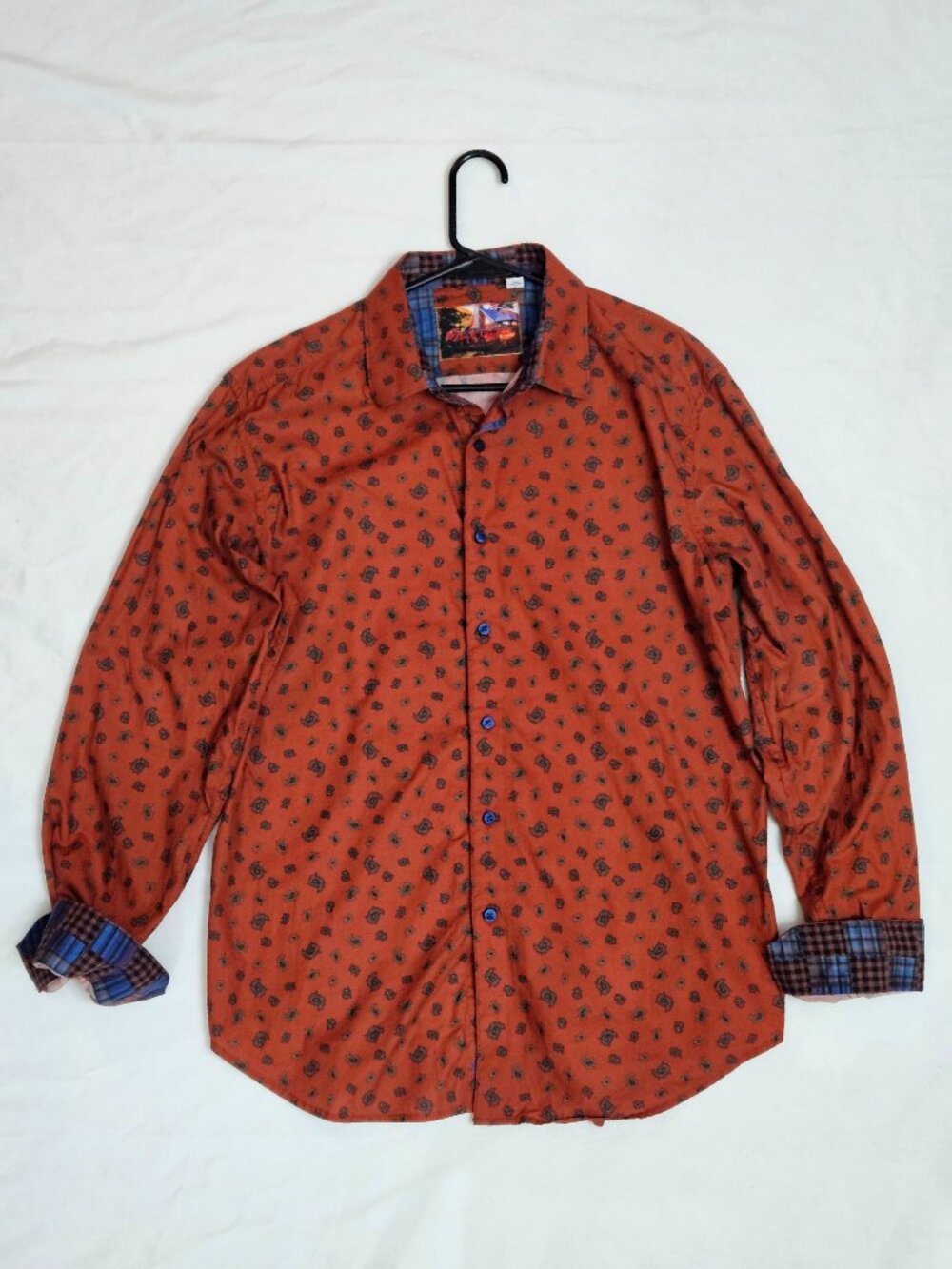 Robert Graham Rust Orange Paisley Dapper Shirt Plaid Cuffs Cabin Neck Graph